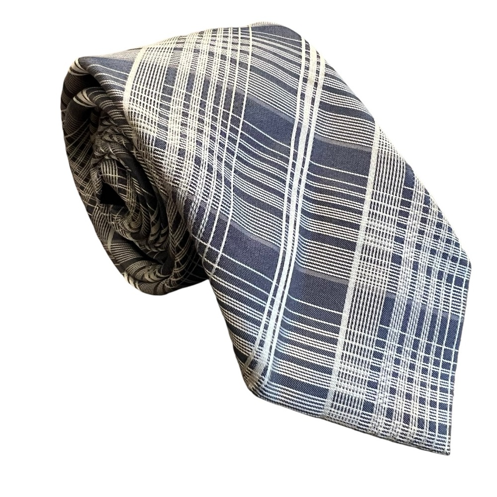 2/$15 Calvin Klein slim 100% Silk mens tie blue gray, silver white plaid stripes